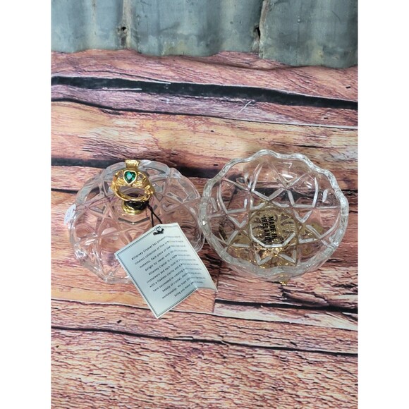 Killarney Crystal Trinket Box 22k Gold Finishing Shamrock~ Green Stones~ Ireland - Picture 4 of 6